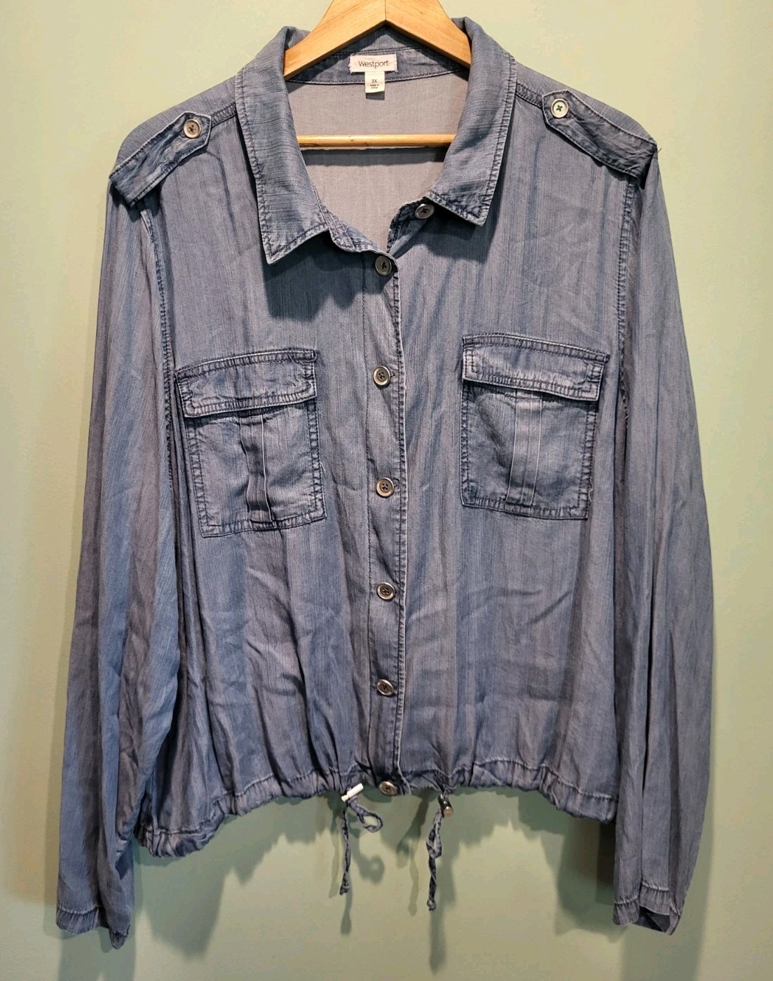 Blue Chambray Denim Lightweight Button Up Adjustable Waist Long Sleeve Top 3X