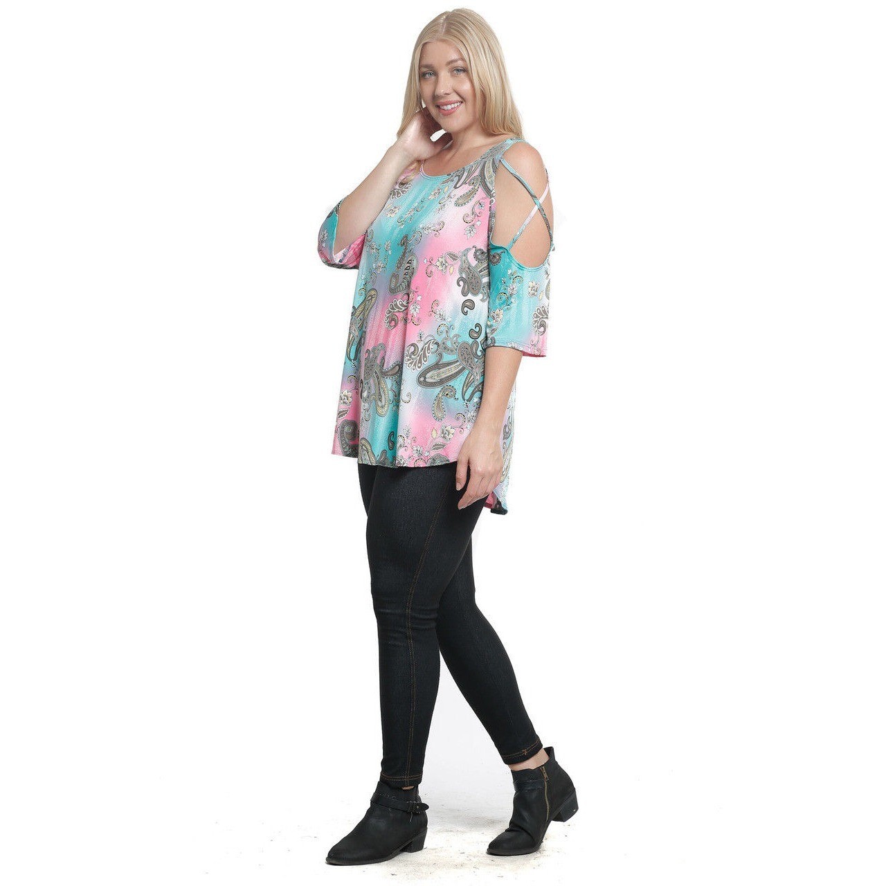 Voll Sexy BOHO PAISLEY TUNIC TOP PINK TURQUOISE FLORAL COLD SHOULDER S M L