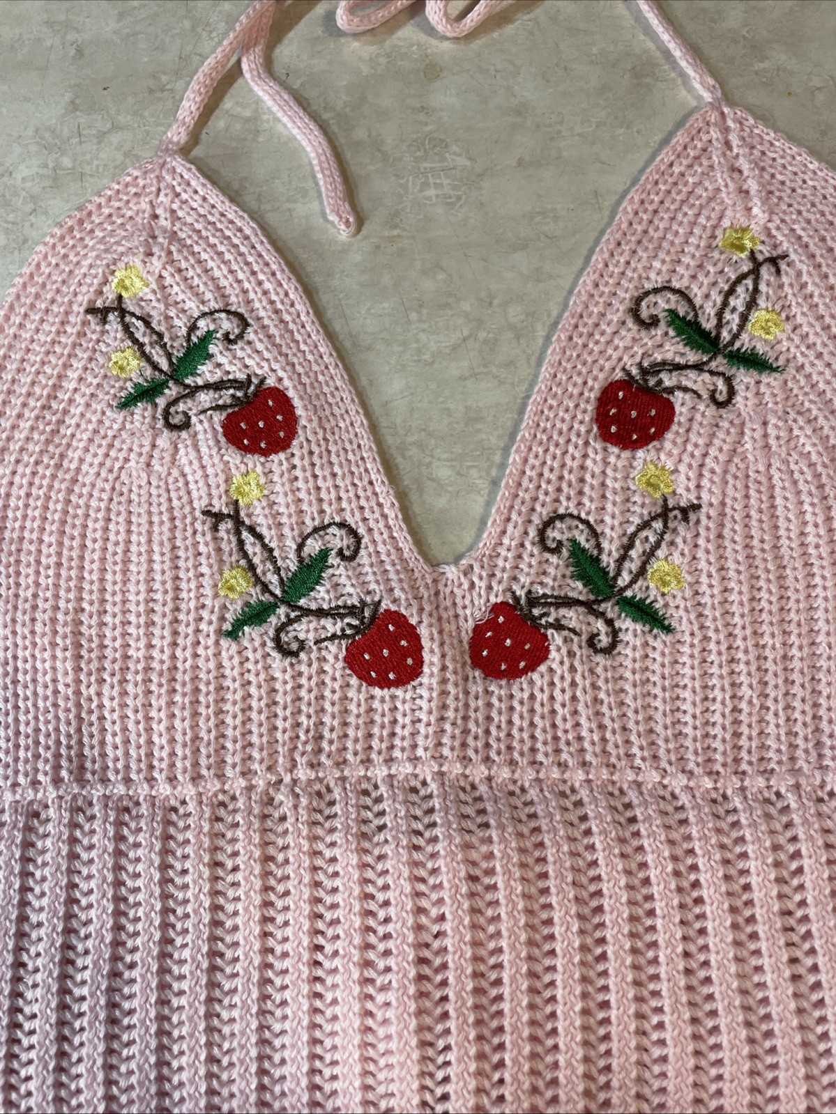 Shein Curve Size OXL Women’s Pink Knit Top with Strawberry Embroidered Accents