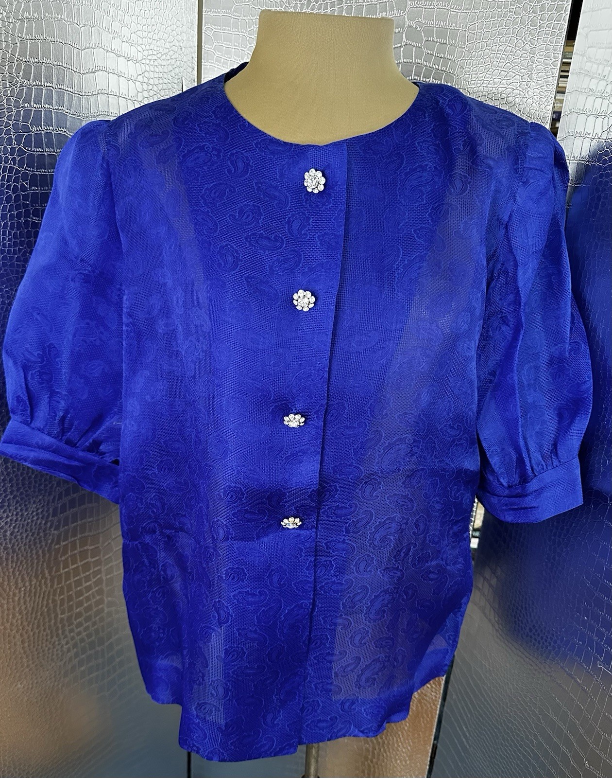 Givenchy Glamour Vintage Royal Blue Paisley Puffed Sleeves Blouse Size 13 Japan