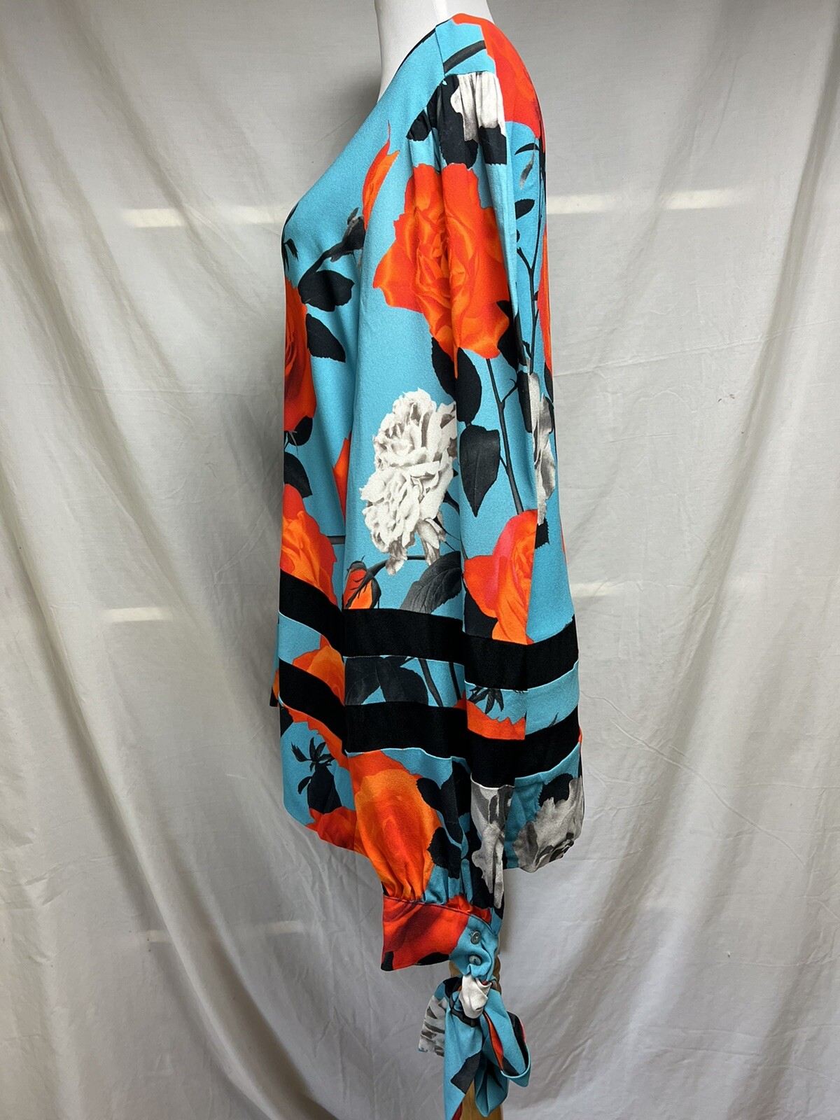 MSGM Vibrant Floral Blouse Top Tunic Long Tie Sleeves Sz 42 8 Colorful Roses