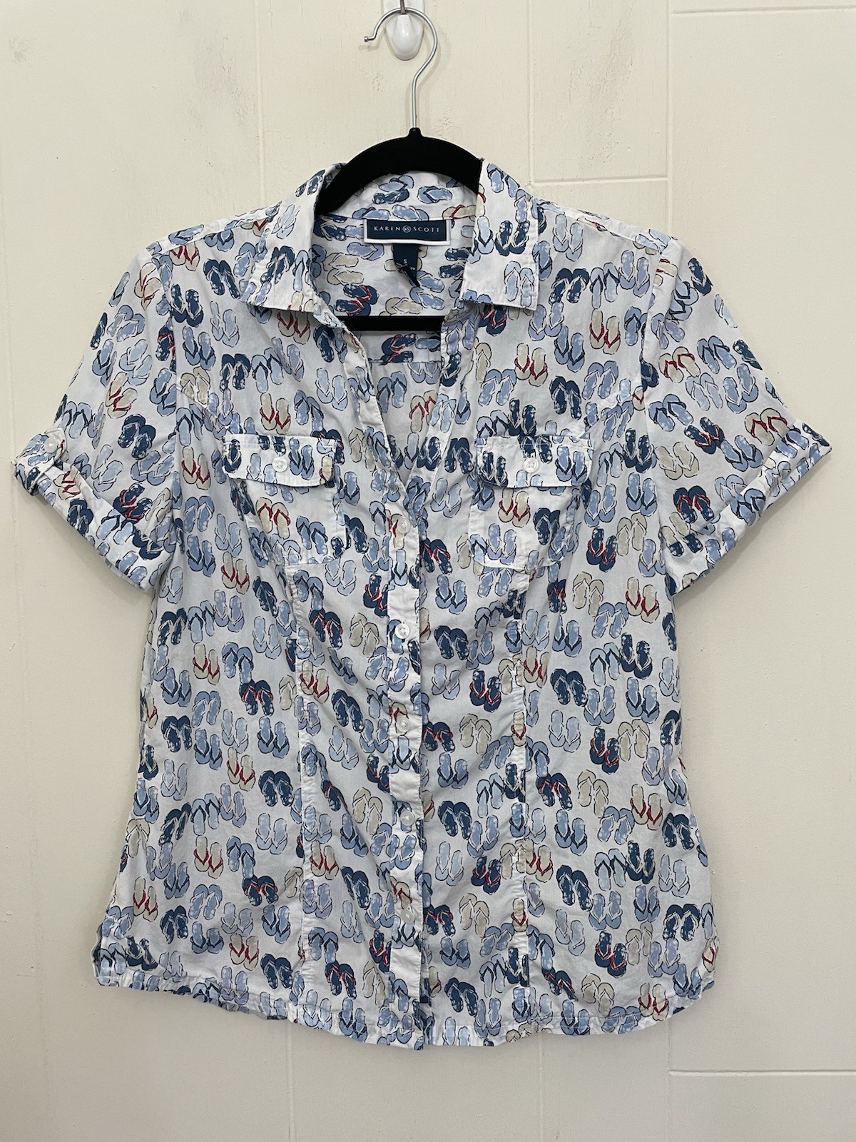 Short Sleeved Cotton Button Up Top Size S Flip Flop Novelty Print Summer Beach