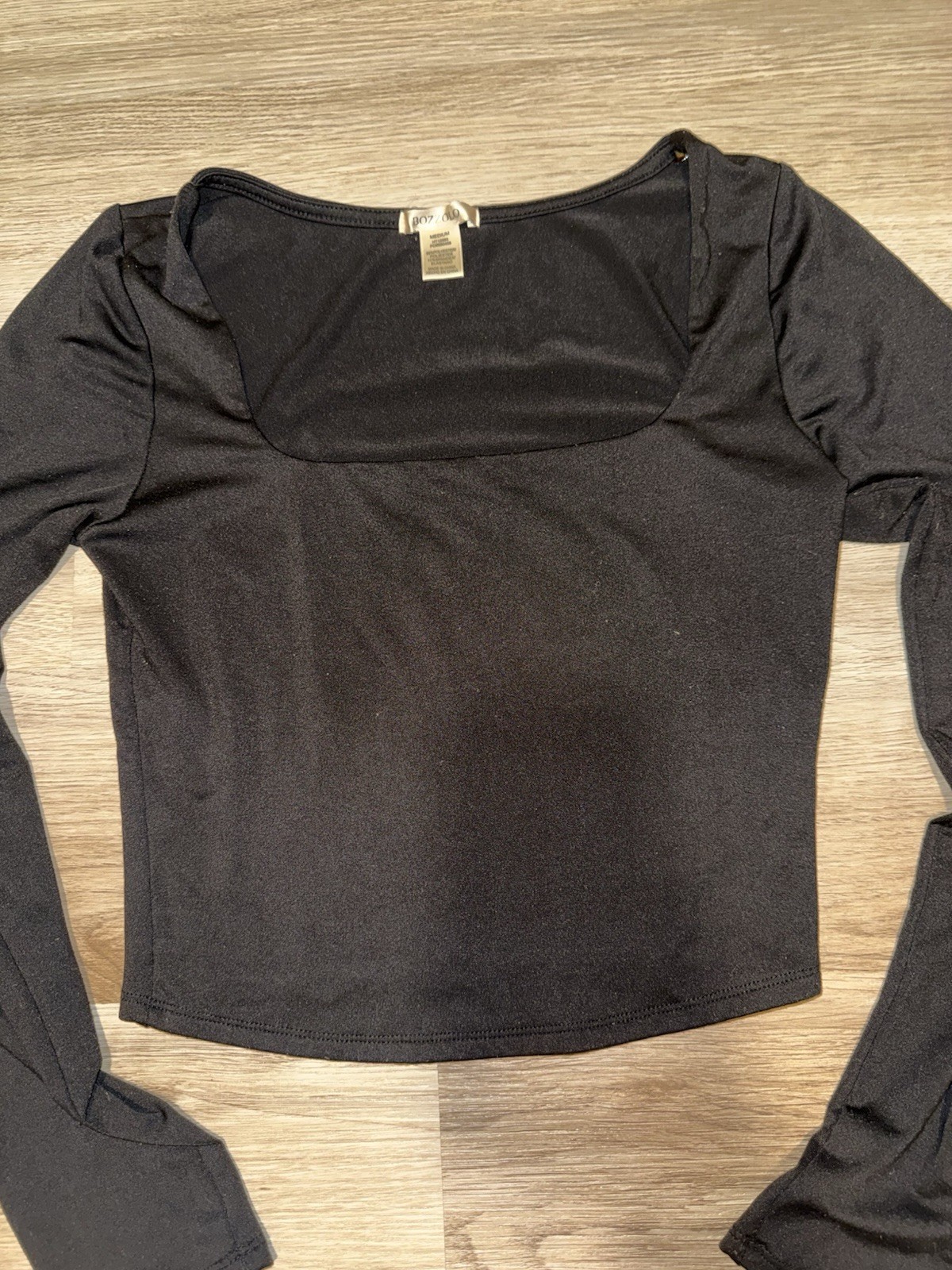 Bozzolo Black Solid Square Neck Ruched Knit Stretch Cropped Top Size M
