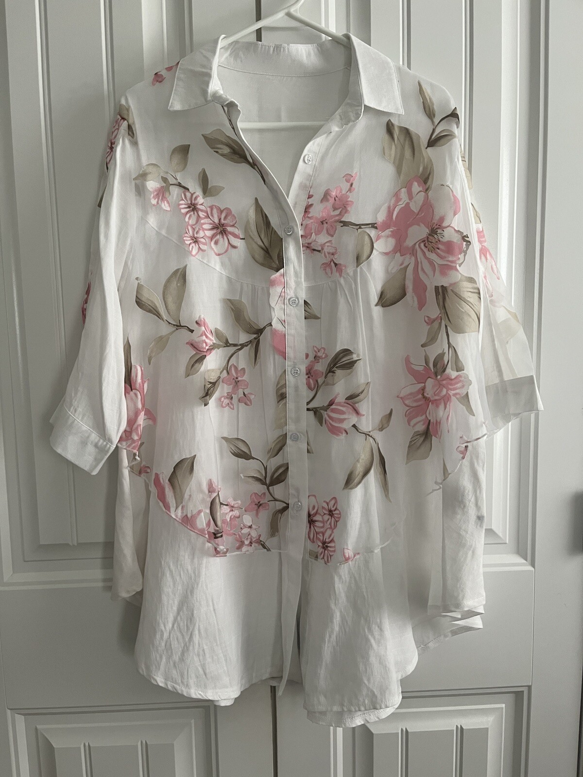 Womens Japanese Long Shirt Tunic Floral Linen White Pink Gray L