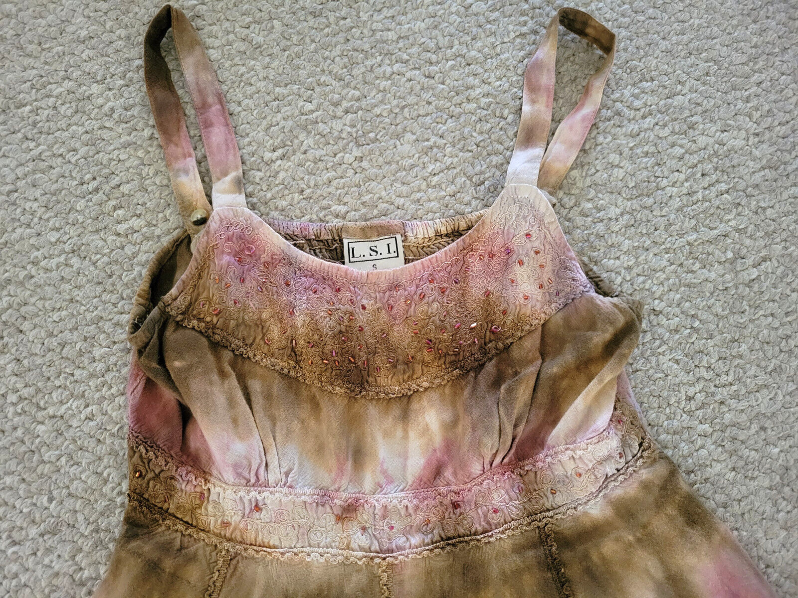 LSI Tie Dye Embroidered Beaded Cami Tunic Top India Boho Hippie Festival Top S