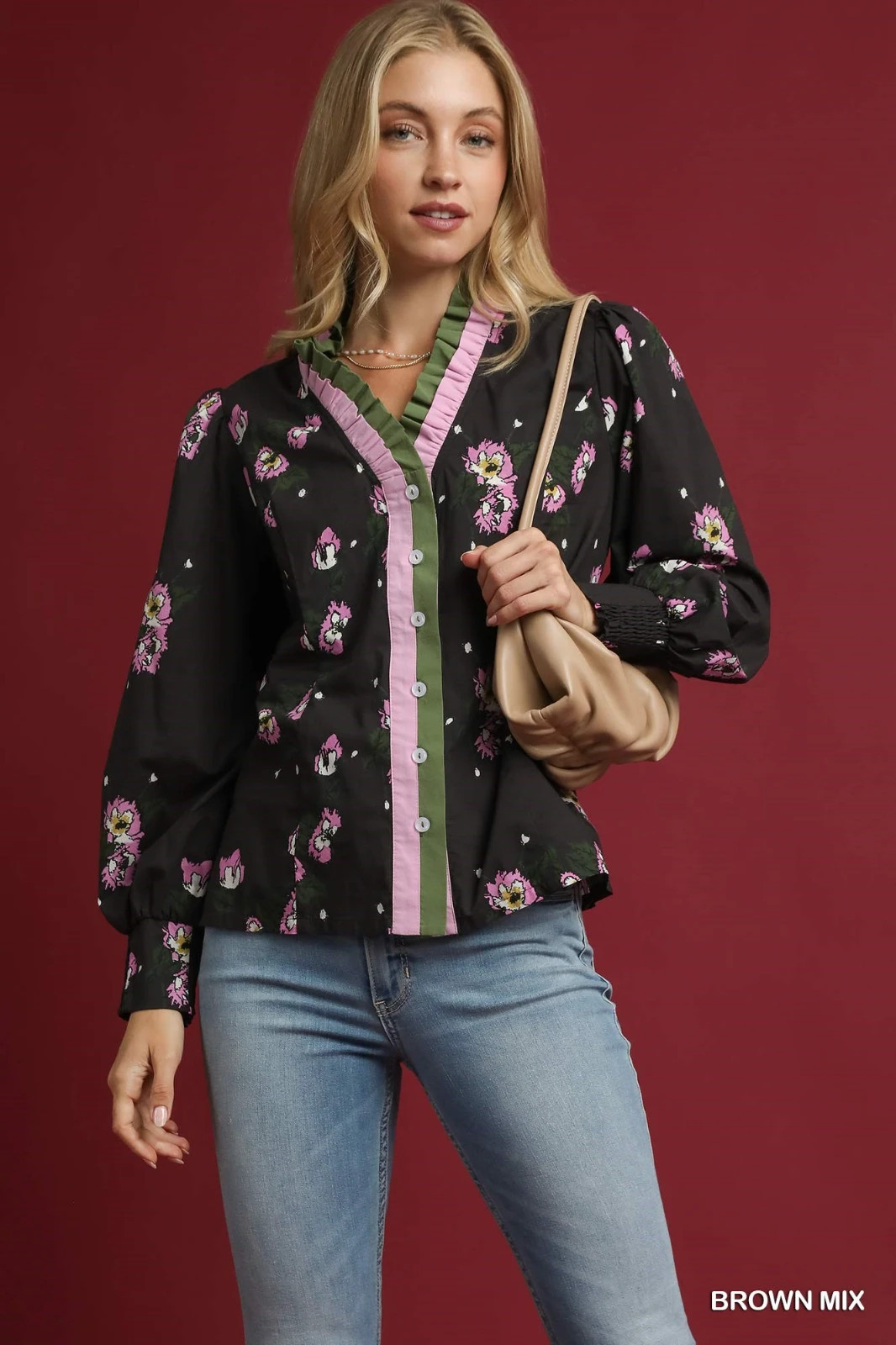 Umgee Brown Multi Abstract Floral Bunch Print Ruffle Long Sleeved Blouse Top