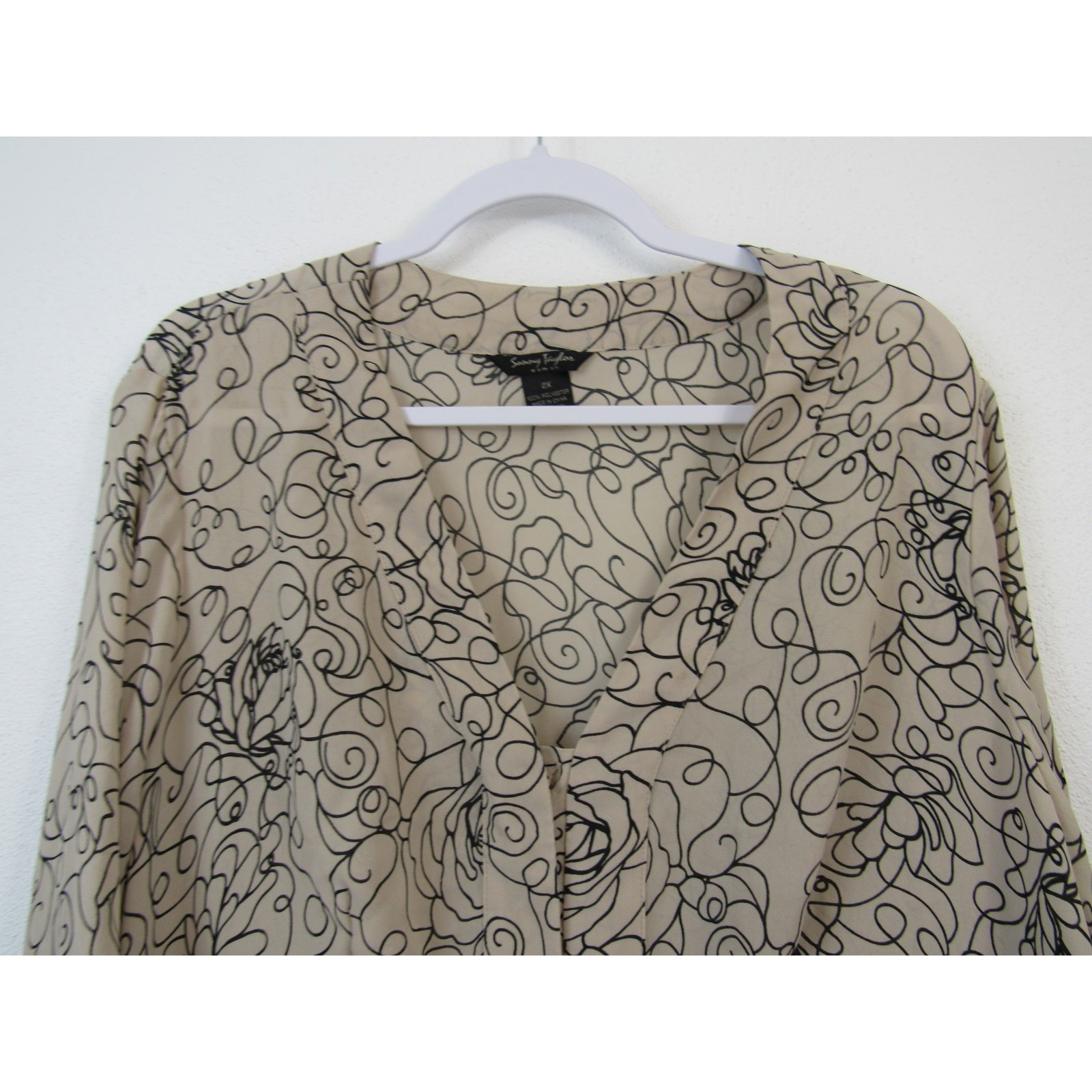 Sunny Taylor 2X Artsy Floral Flowy 3/4 Length Blouse Top Tan Black Plus Size