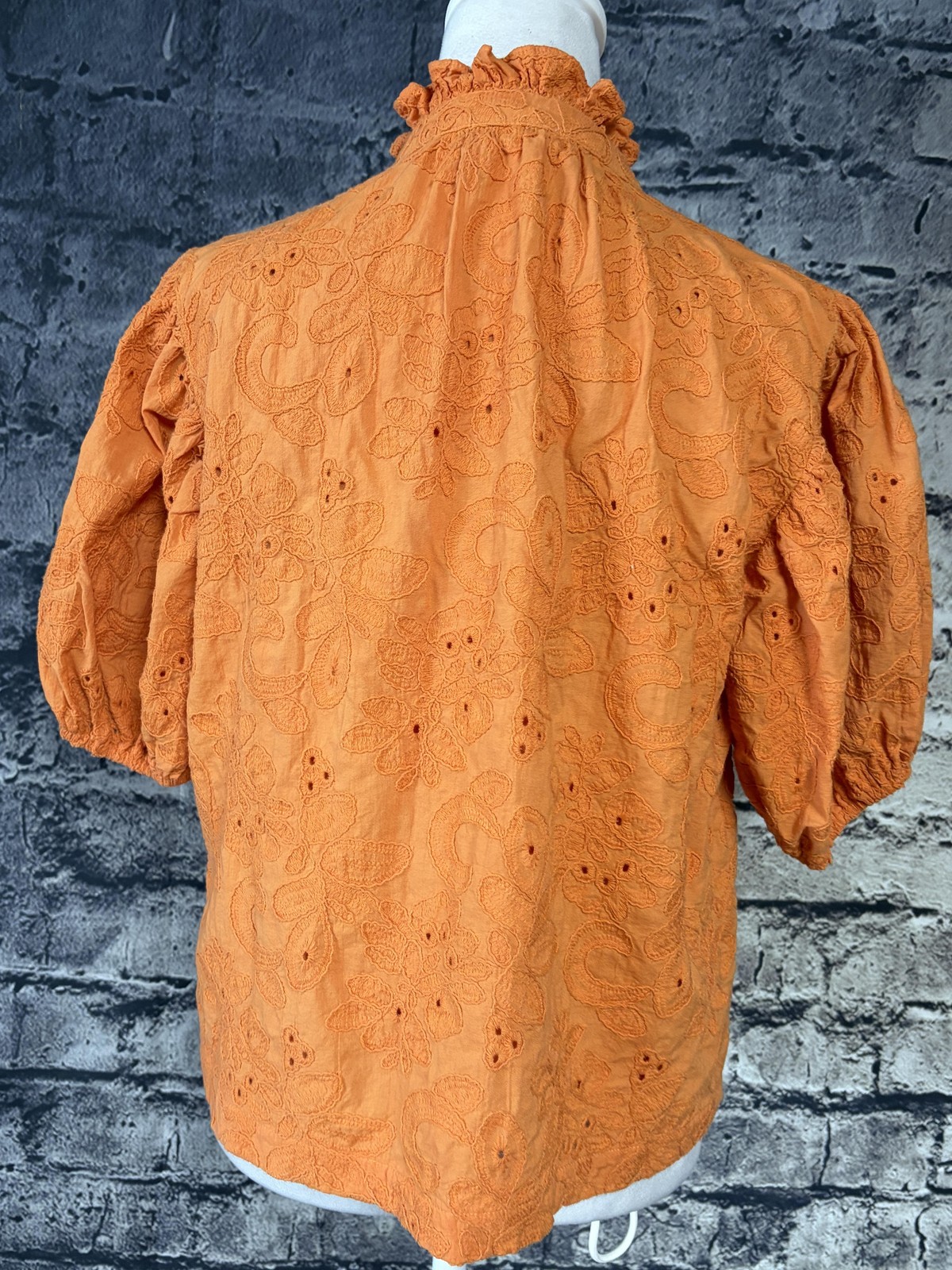 AVARA Blouse Womens Large Orange Eyelet Embroidered Puff Sleeve Boho Top