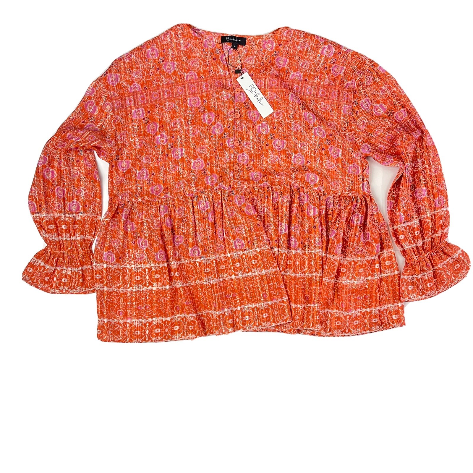 RD+Koko Orange Floral Peasant Blouse Top Long Sleeve Ruffle Hem Boho Style M NWT