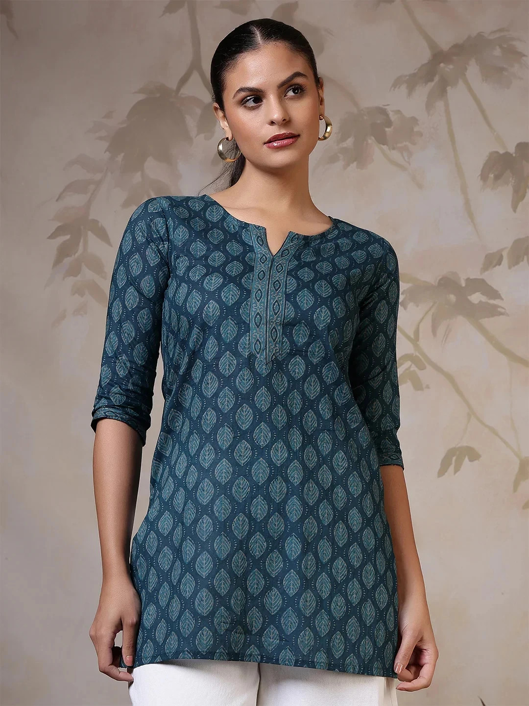 Indian Women Teal Blue Pure Cotton Floral Printed Top Tunic Kurta Kurti Dress