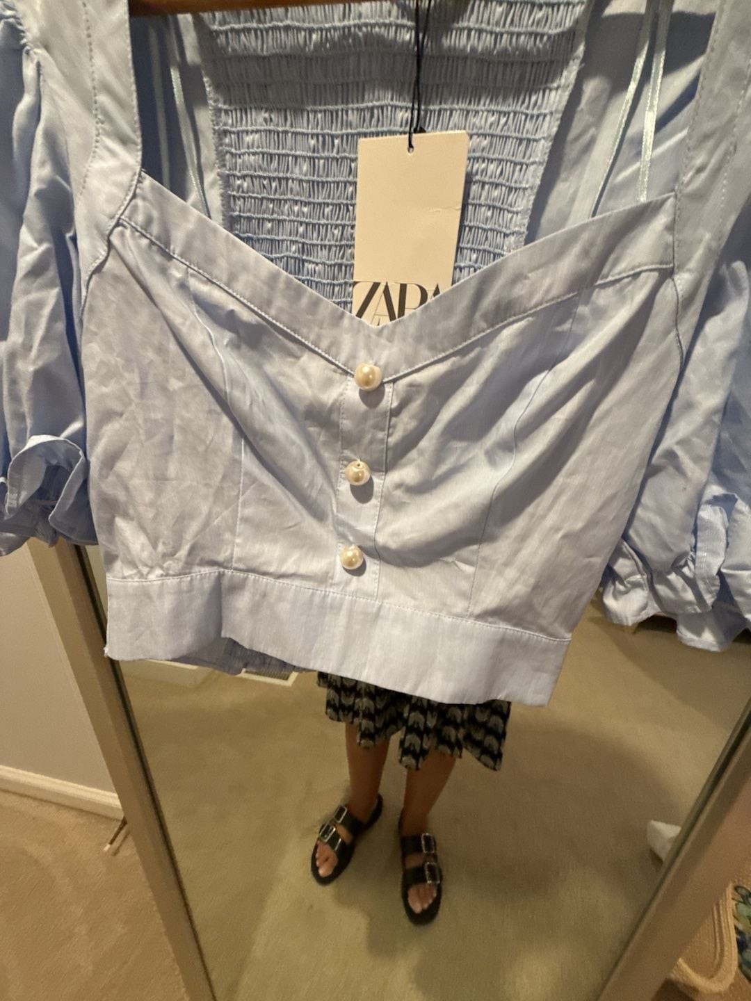 Zara Baby Blue Puff Sleeve Crop Top with Faux Pearl Buttons