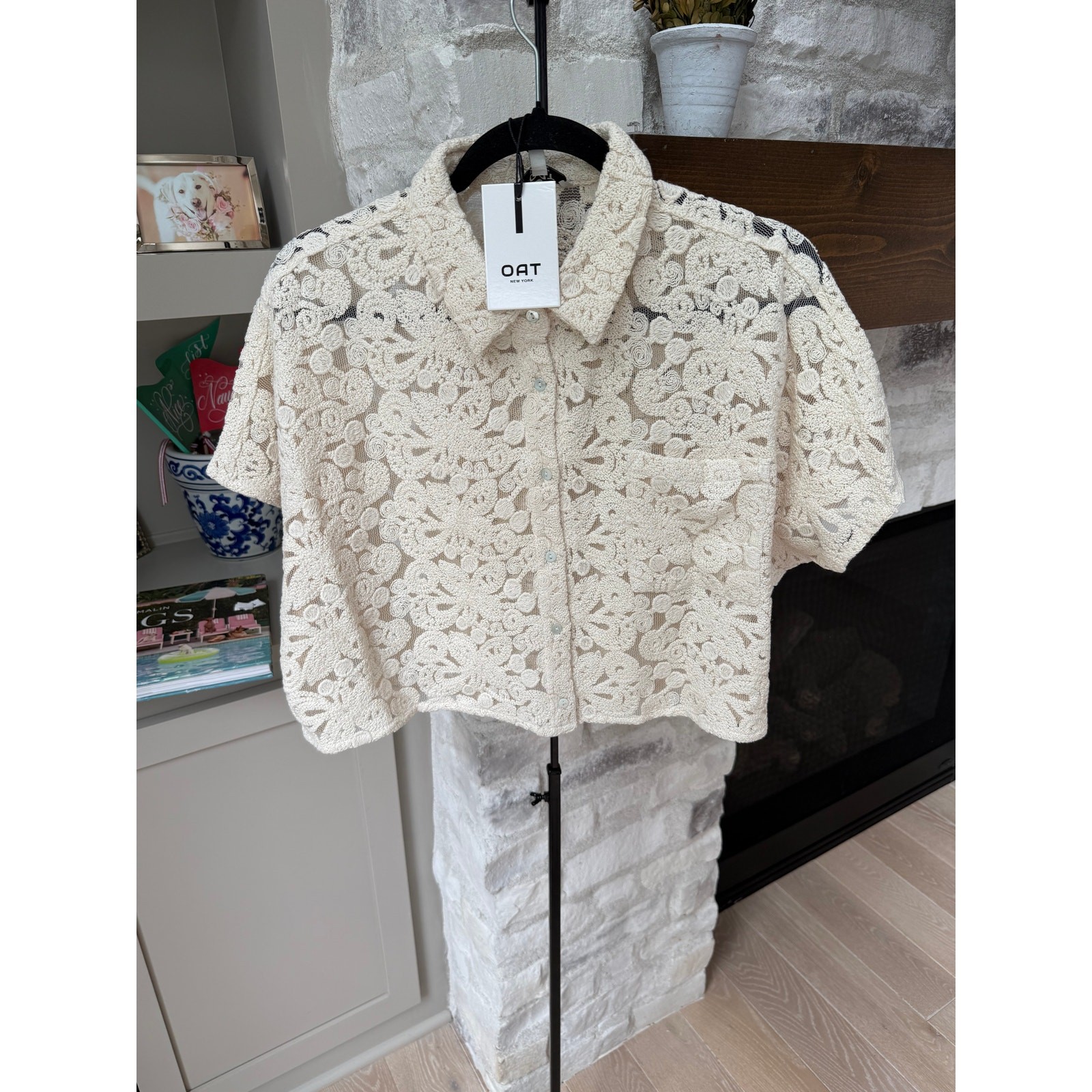 OAT New York Women’s Cream Embroidered Lace And Mesh Crop Top Size M