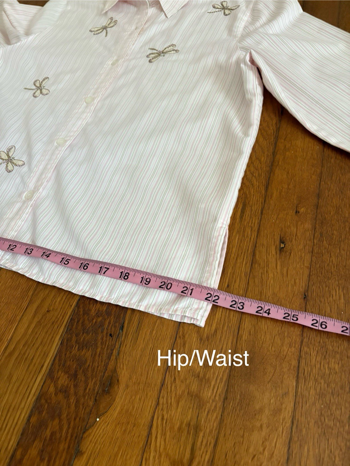 Alfred Dunner Top Womens Size 12 Dragonfly Gems Button Up 3/4 Sleeve Pink Stripe