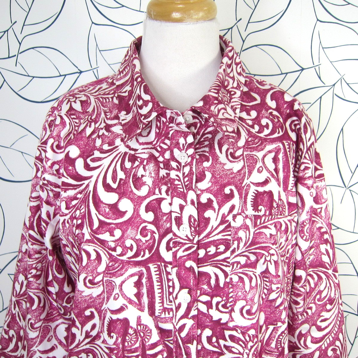 Soft Surroundings Easy Care Stretch Woven 3/4 Sleeve Big Shirt Berry Floral Sz L