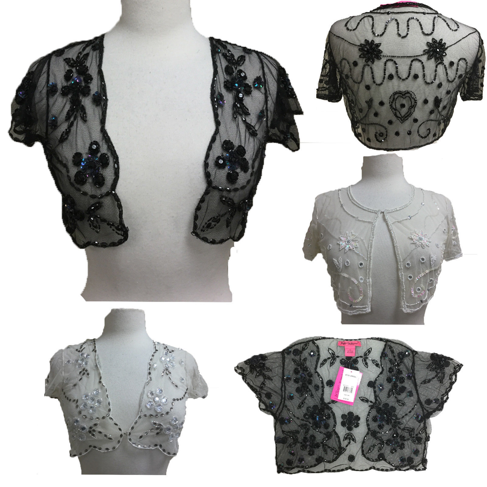 Betsey Johnson Shrug Bolero Dressy Women’s Sequin Beaded, Cap Sleeve Sheer
