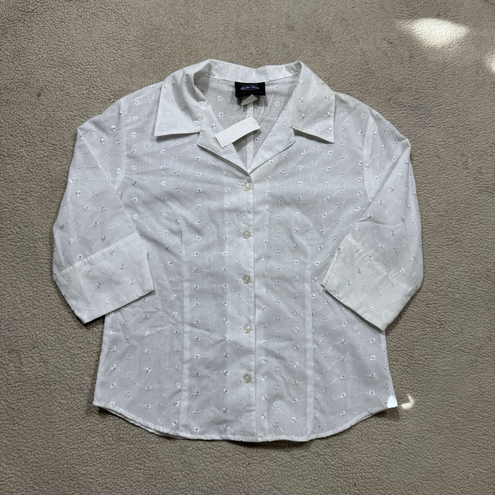 Anchor Blue Top Womens Large White 3/4 Sleeve Button-Up Open Collar Vintage NEW