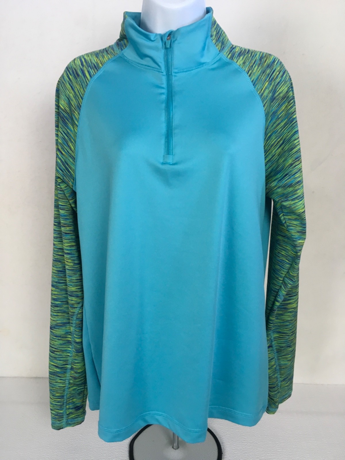 Jockey Athletic Top Size XL Blue w Green Blue Long Sleeves Thumb Holes Mock Neck