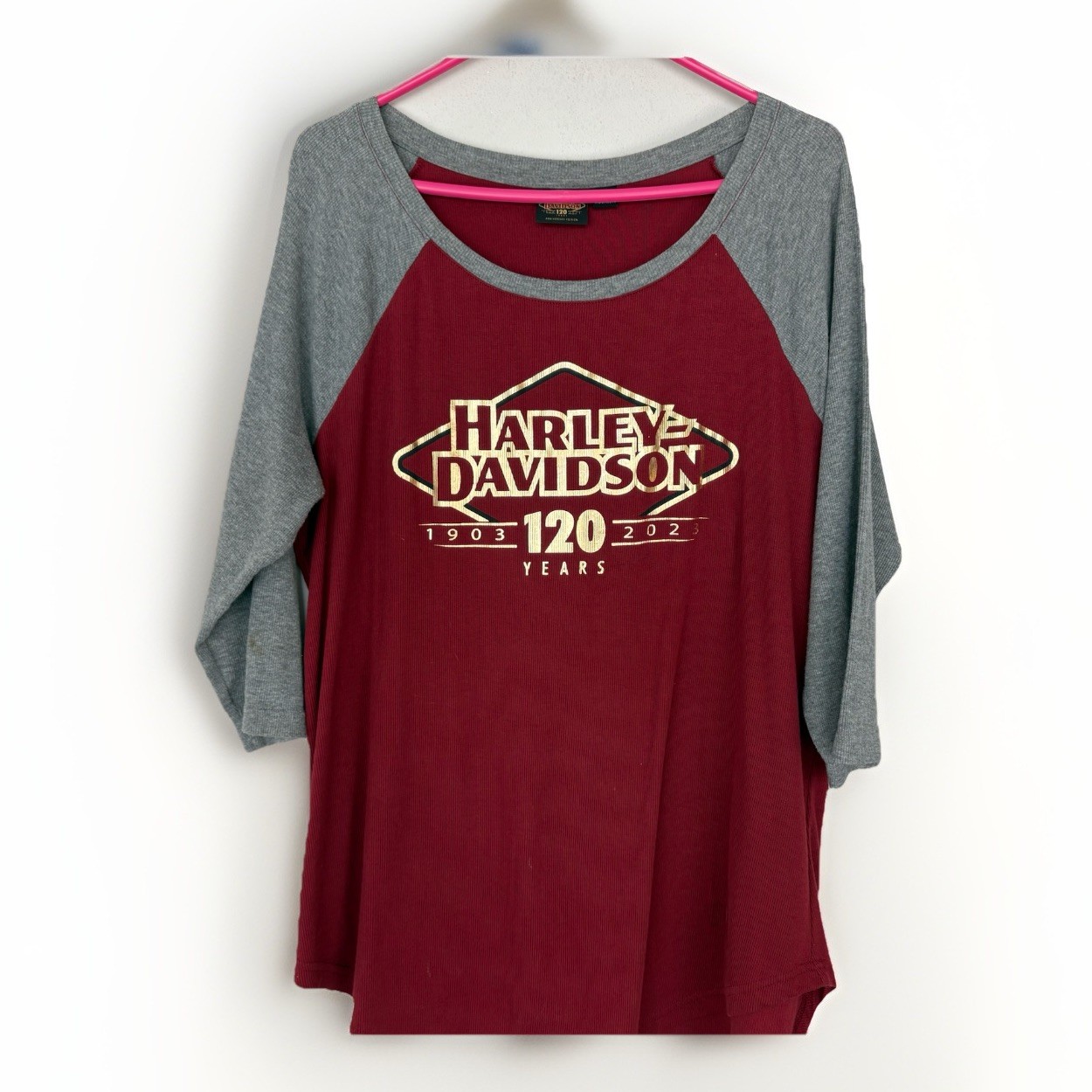Harley Davidson 120th Year Anniversary Shirt Red Gray 3/4 Sleeve Women’s Size 1X