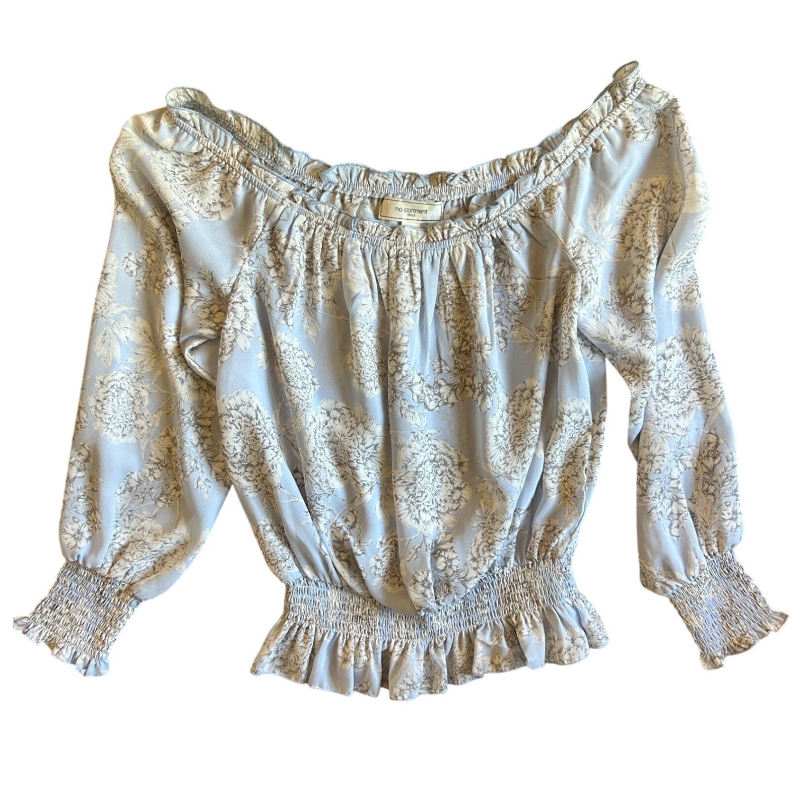 No Comment NY-LA Off-Shoulder Floral Peasant Blouse Smocked Blue Size M