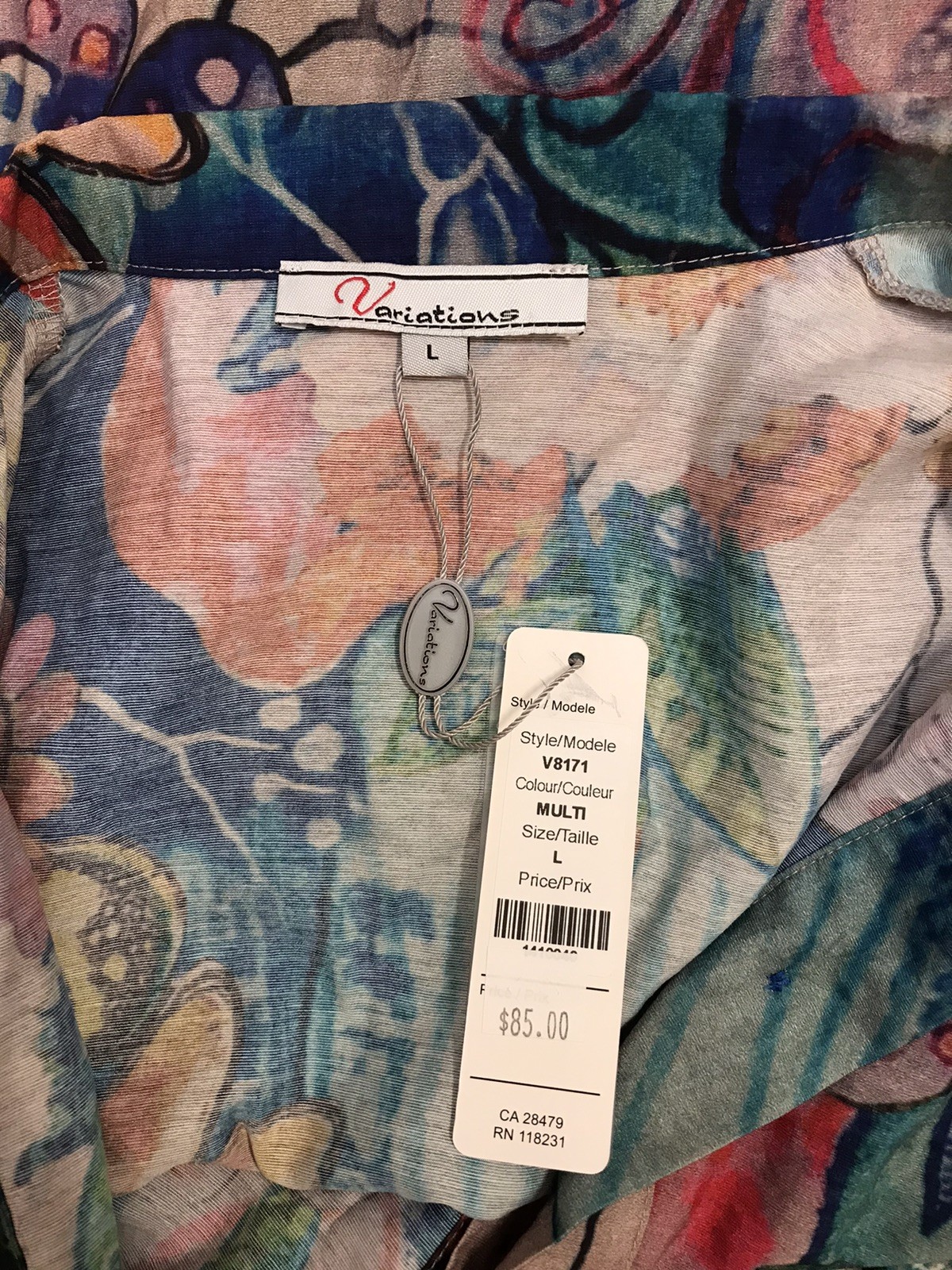 Variations L Top NWT $85 Floral Multi Print Button Up Shirt Soft Easywear 3/4 Sl