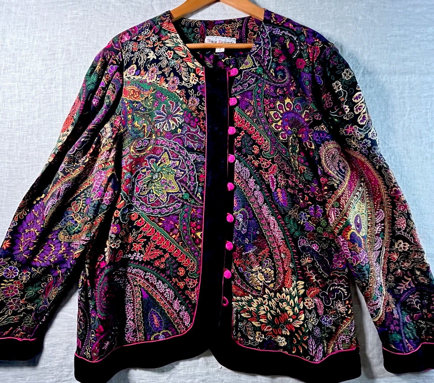 Vintage Tracy Richards Paisley Blouse Black Velvet Frog Closure Whimsigoth USA