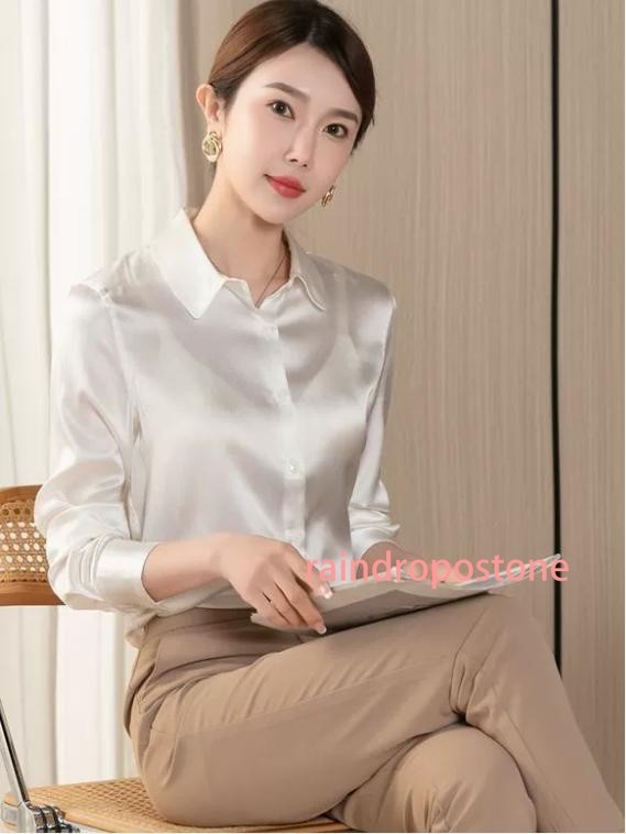 Imitated Silk Satin Long Sleeve Button Down V Neck Workwear Blouse Top Shirts