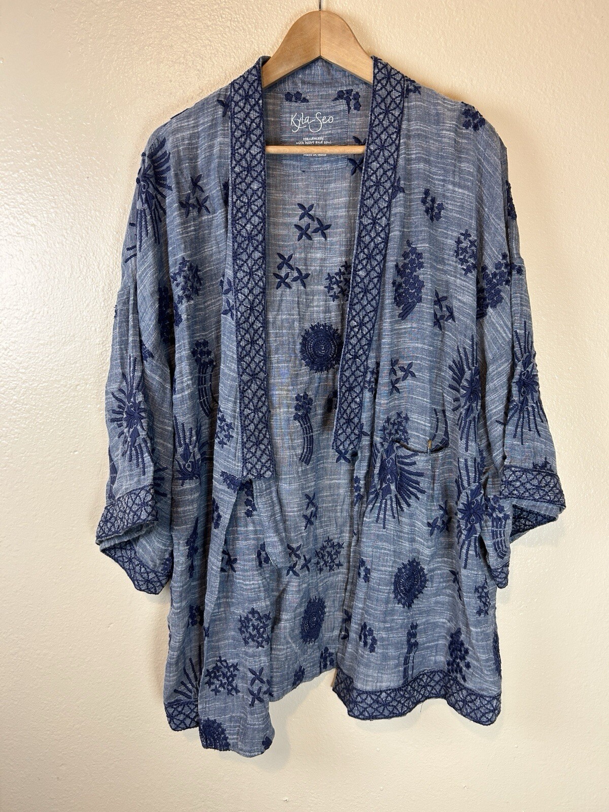 Kyla Seo S Kimono Top Blouse Blue Floral Embroidered Cover Up Kaftan Boho Hippie