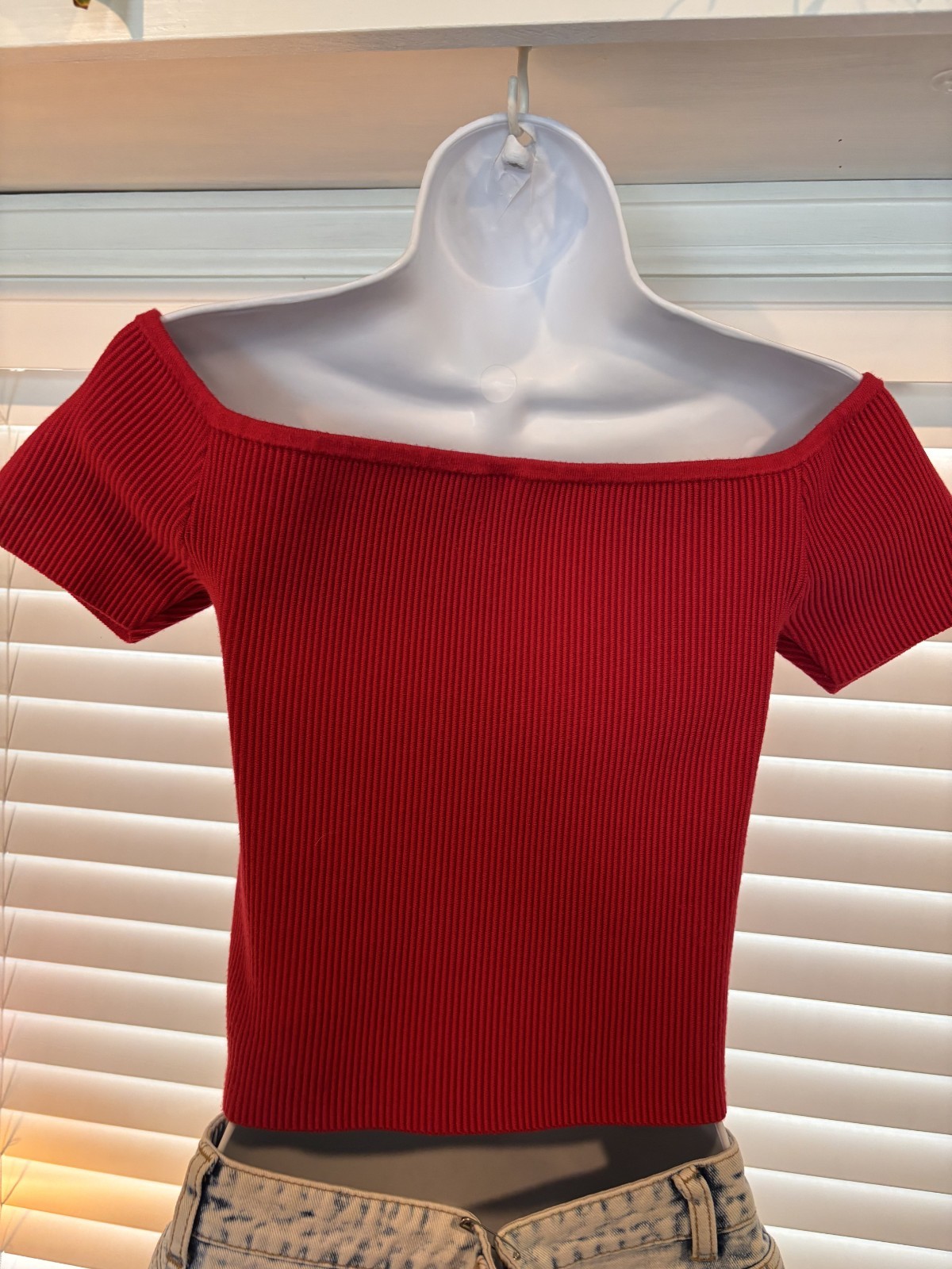Abound Red Ribbed Knit Off-The-Shoulder Shirt w/ Short Capped Sleeves