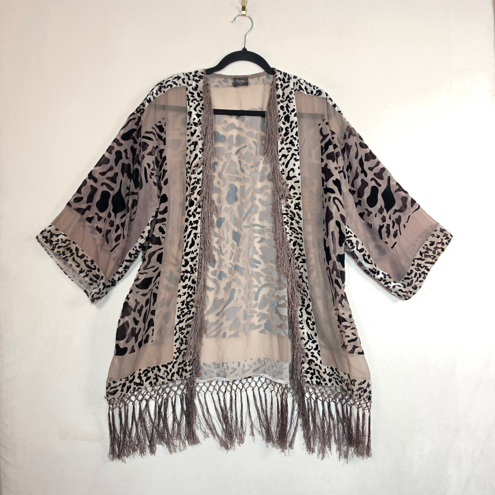 Chico’s Velvet Burnout Cardigan Womens OS Brown Leopard Fringe Boho Whimsigoth