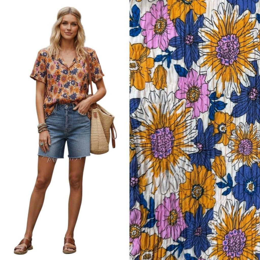 Forever 21 Floral Crinkle Button Up Camp Shirt Boho Retro Orange Blue Womens M