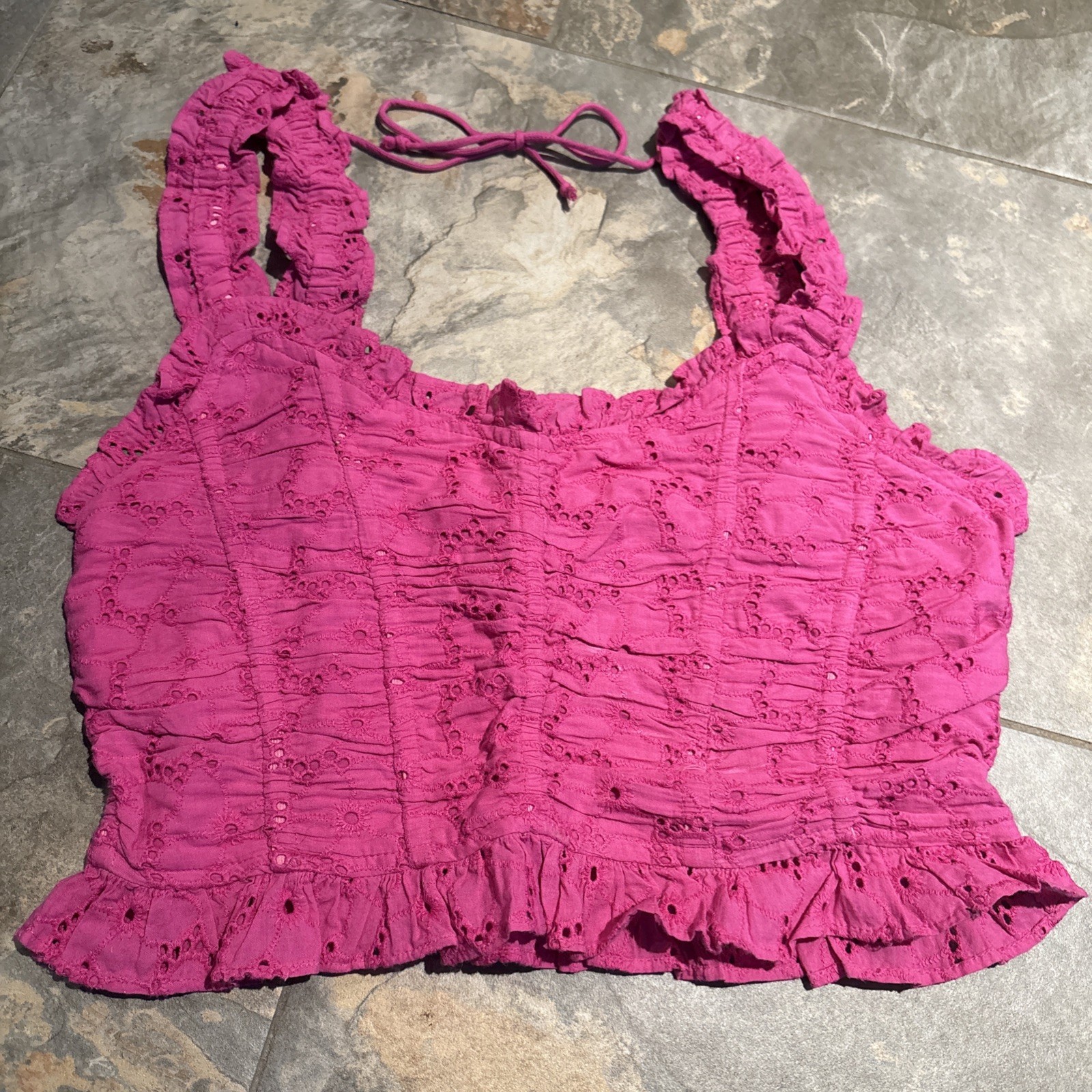 Urban Outfitters Pink Eyelet Ruffle Tie Strap Cropped Smocked Tank Top Medium