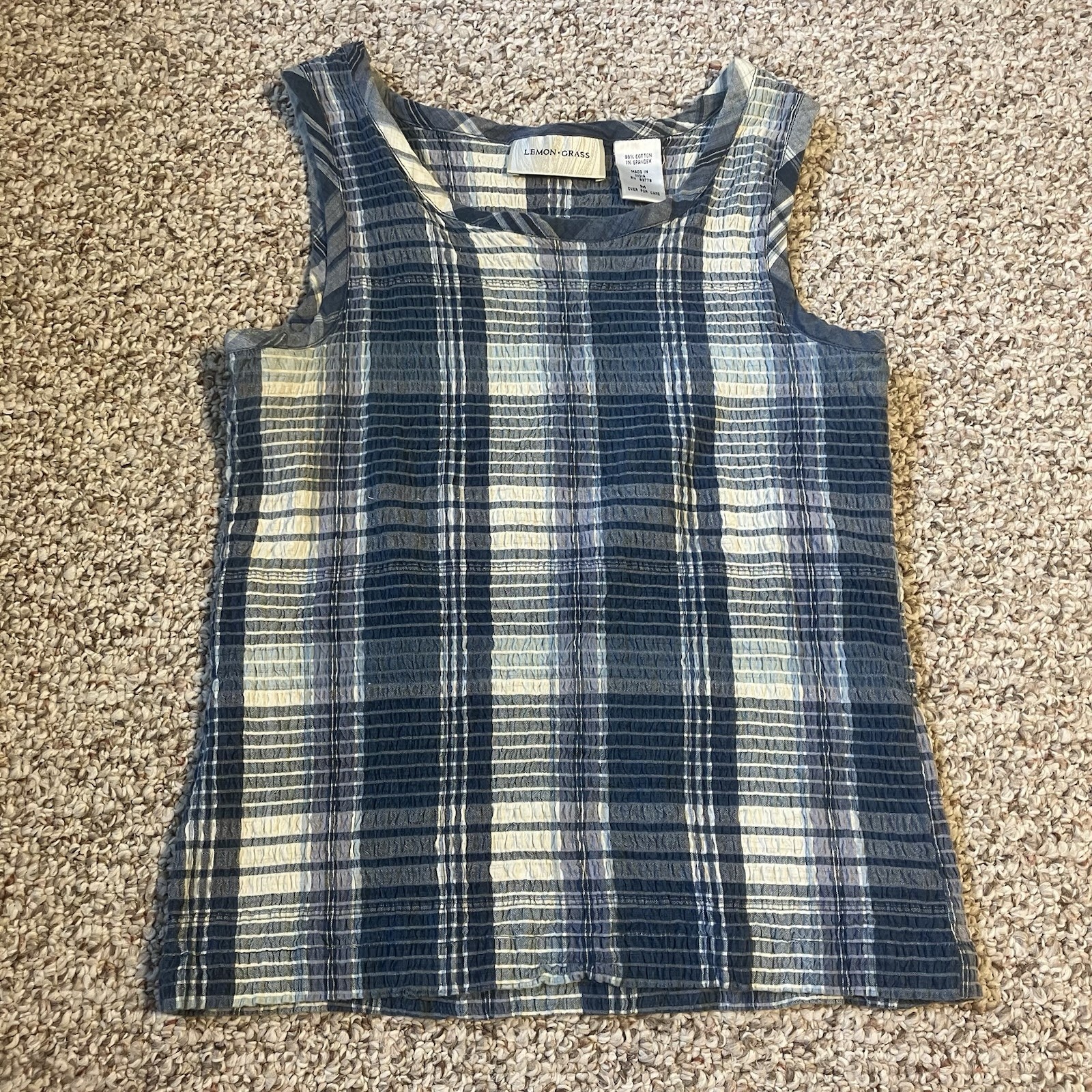 Lemon Grass Womens VTG Y2k Blue White Plaid Stretchy Smocked Tank Top Size M