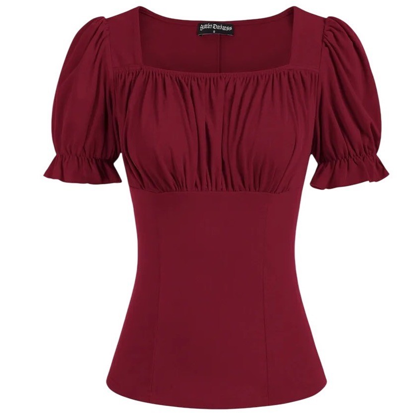 Scarlet Darkness Wine Red Victorian Puff Sleeve Blouse Square Neck Gothic Top L