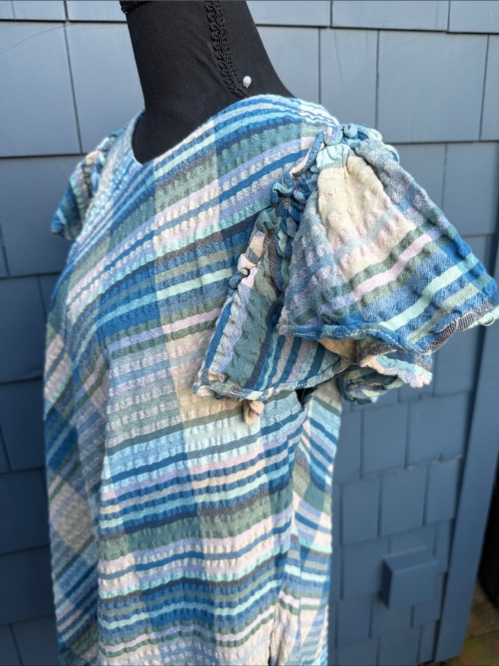 Free People Blue, Light Blue & Cream Plaid Mini Dress Seer Sucker large