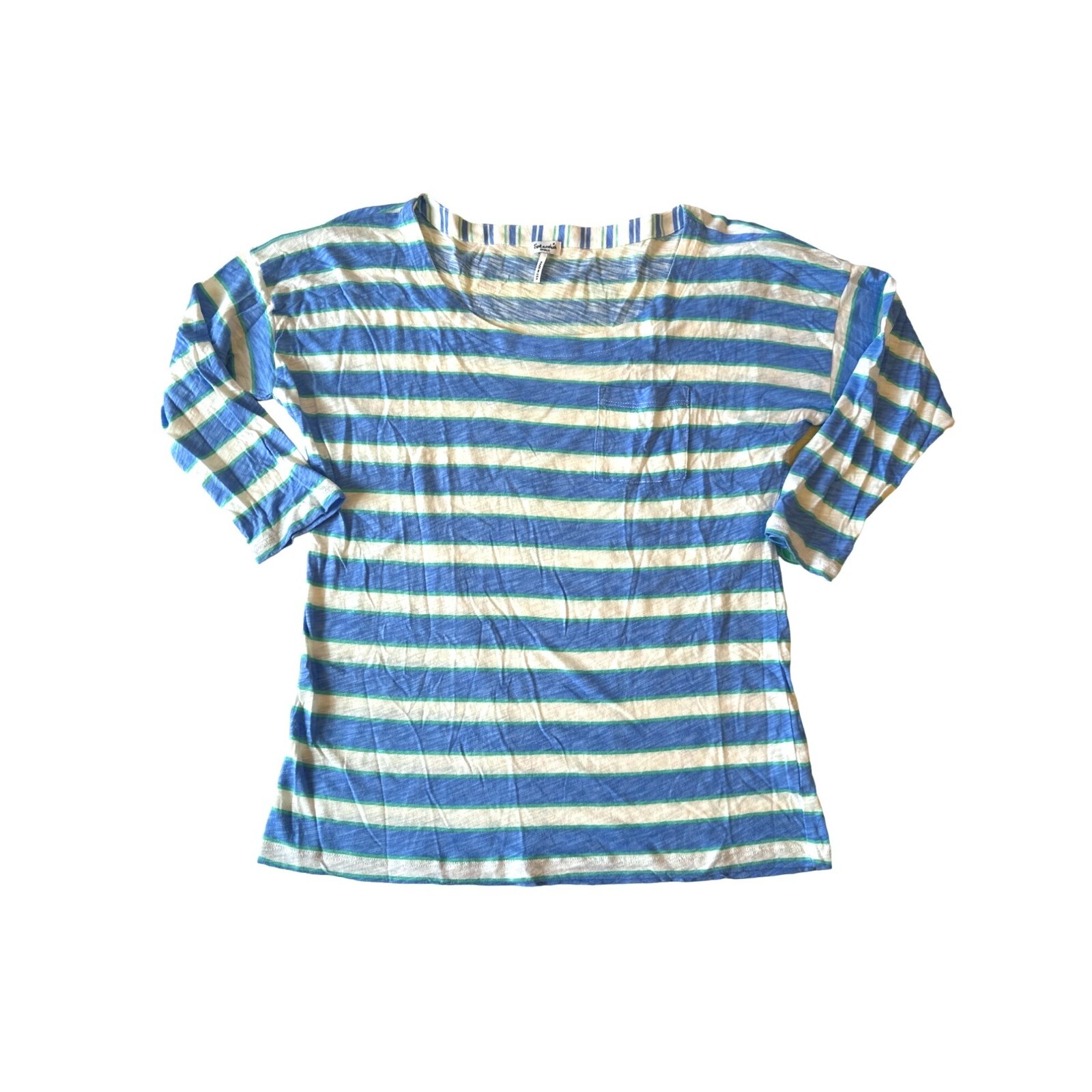 Splendid Cotton Modal Blend Striped Print Lightweight Blouse Blue Green White Sm