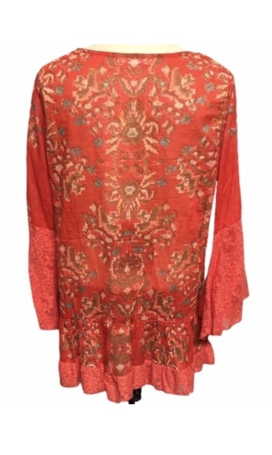 Guadalupe Red Orange Floral V-Neck Bell Sleeve Tunic Blouse Women’s M