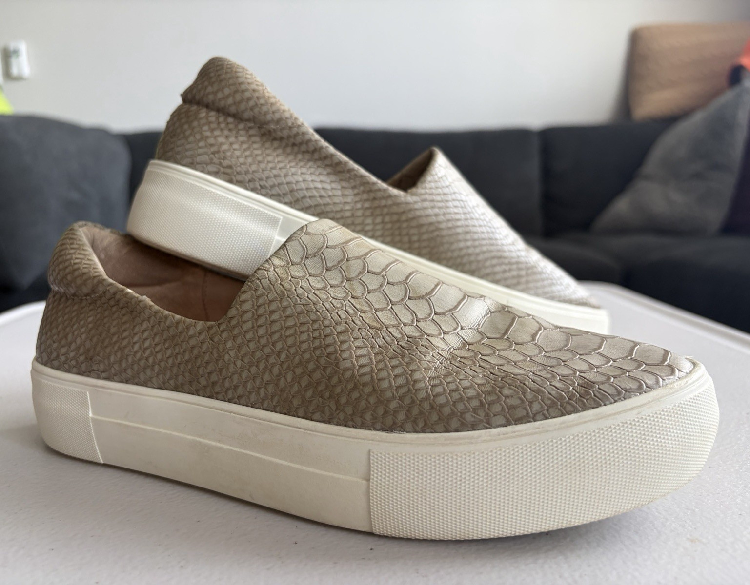 J/Slides NYC Women’s Platform Slip On Sneakers Snakeskin Embossed Metallic Taupe