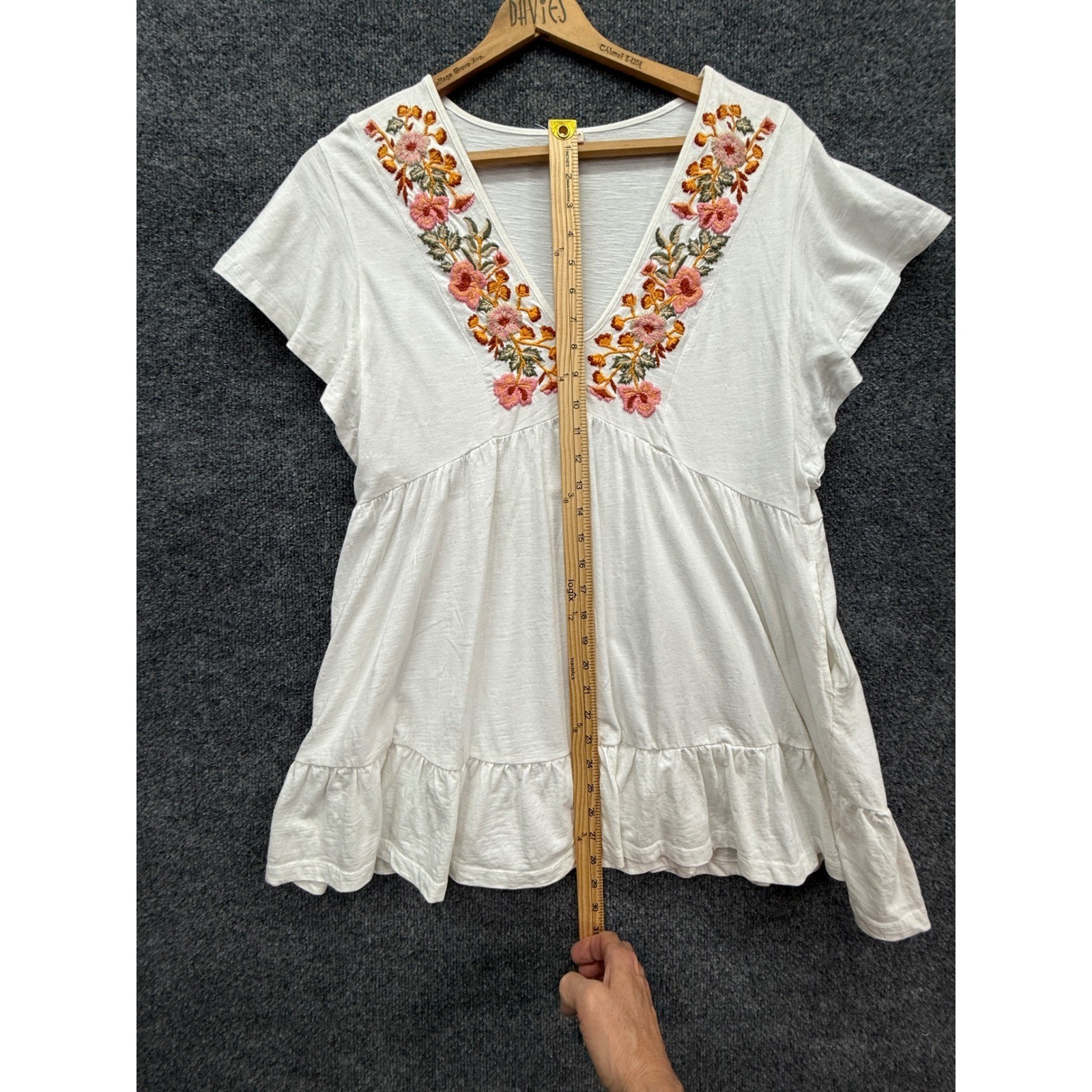 Keep In Touch Babydoll Top Womens Medium White Floral Embroidered Boho Ruffle