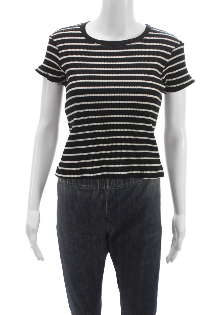 Perfect White Tee Womens Black Striped Basic Crew Short Sleeve T-Shirt Size S