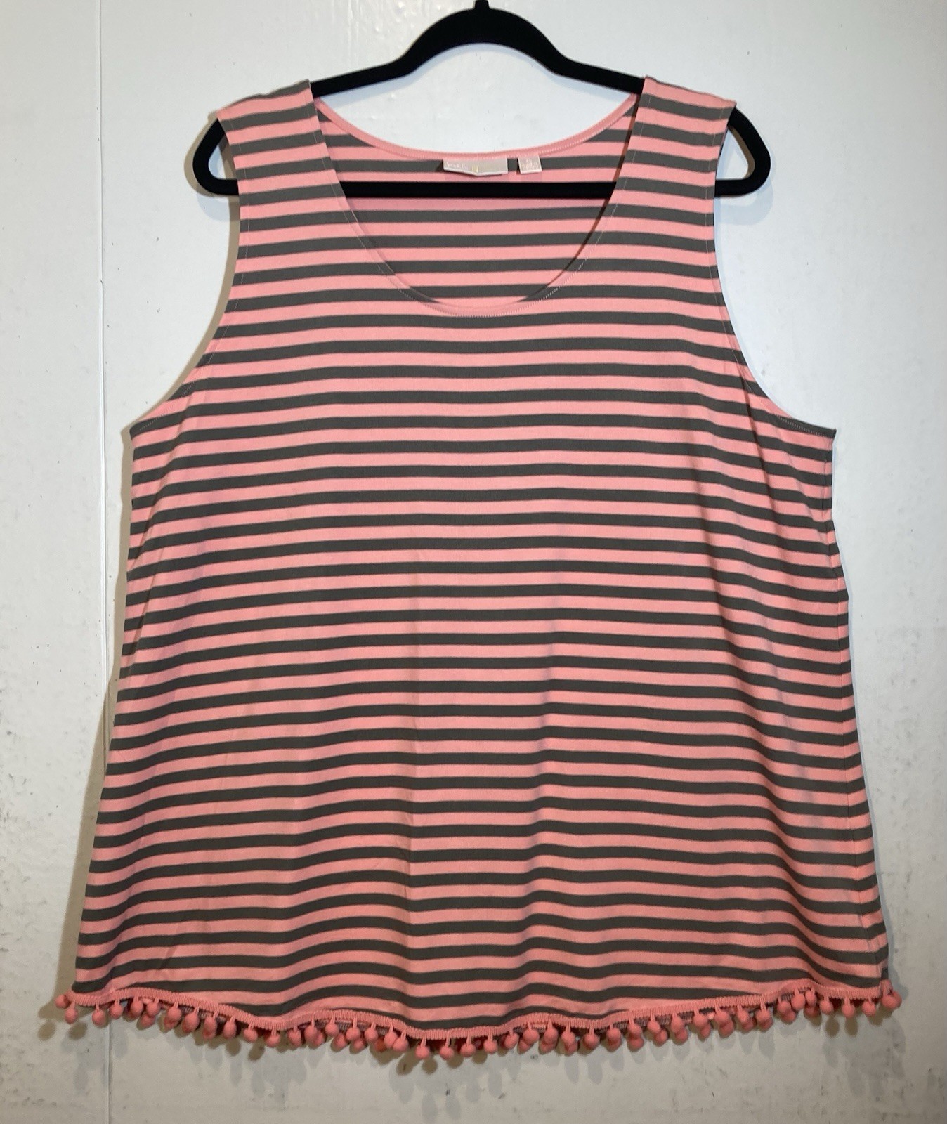 Belle Kim Gravel Tank Top Size XL Pink Gray Striped Pom Pom Hem Beachy Boho