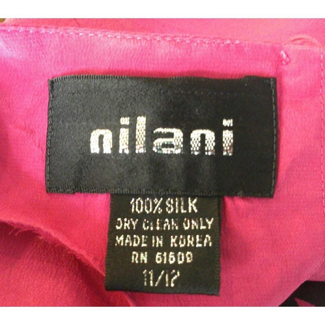 Nilani Womens 11/12 Blouse Pink Black Floral 100% Silk Short Sleeve Top Resort