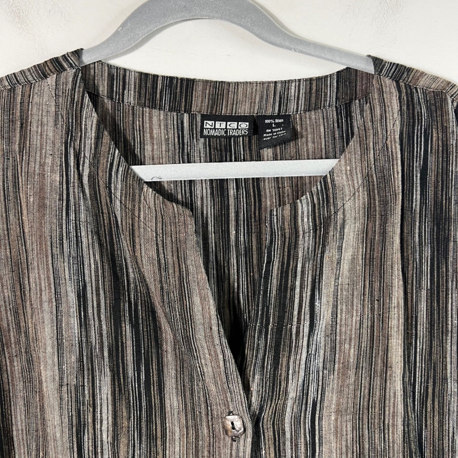 NTCO Nomadic Traders Striped Linen Tunic 3/4 Sleeve Brown Black L