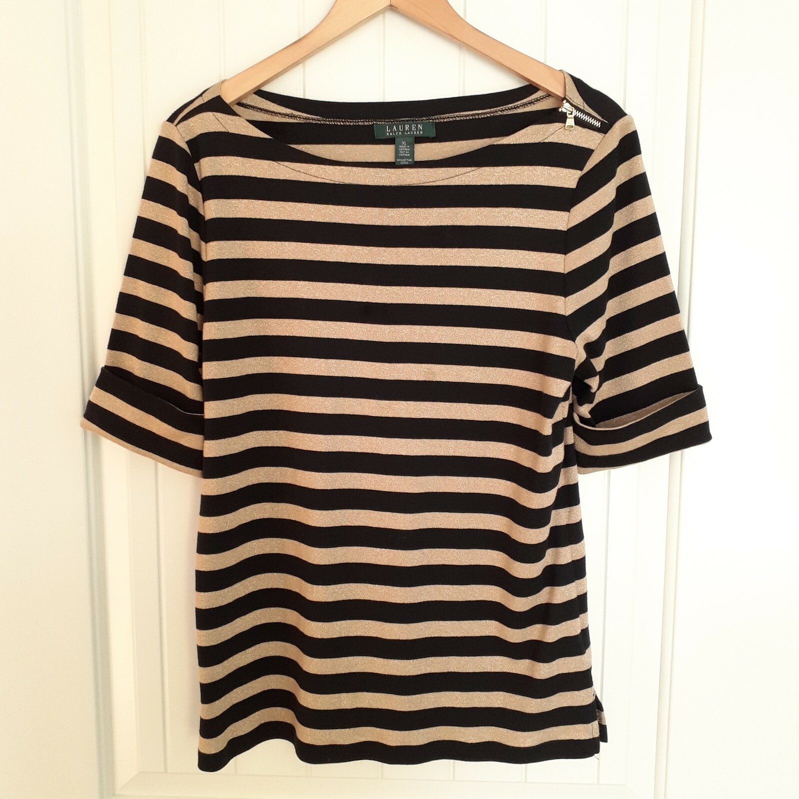 LRL Black and Gold Striped Elbow Length Sleeve Top with Zipper Detail Size XL