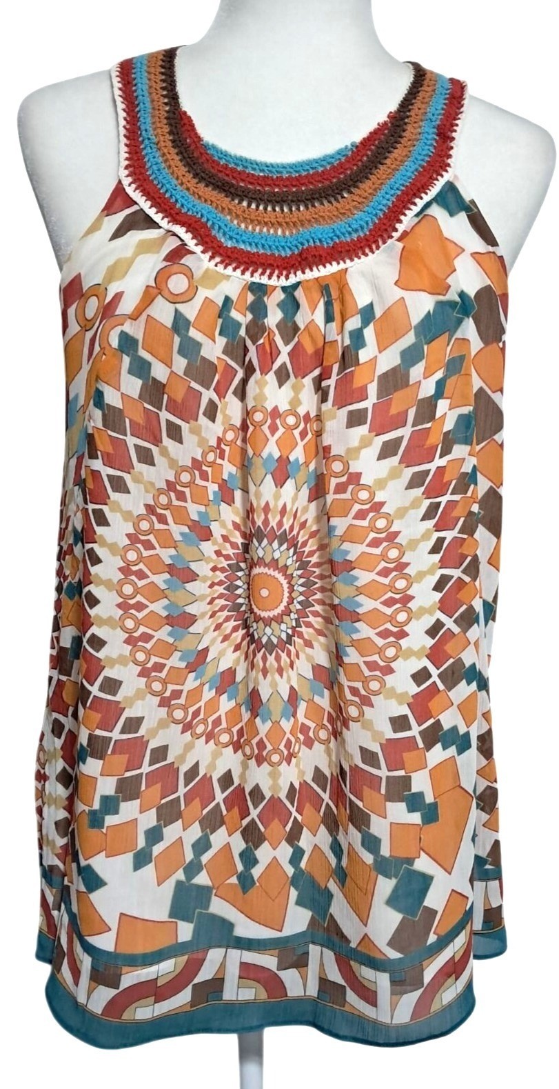 NY Collection Sleeveless Blouse Women Medium Multicolor Geometric Crochet Boho