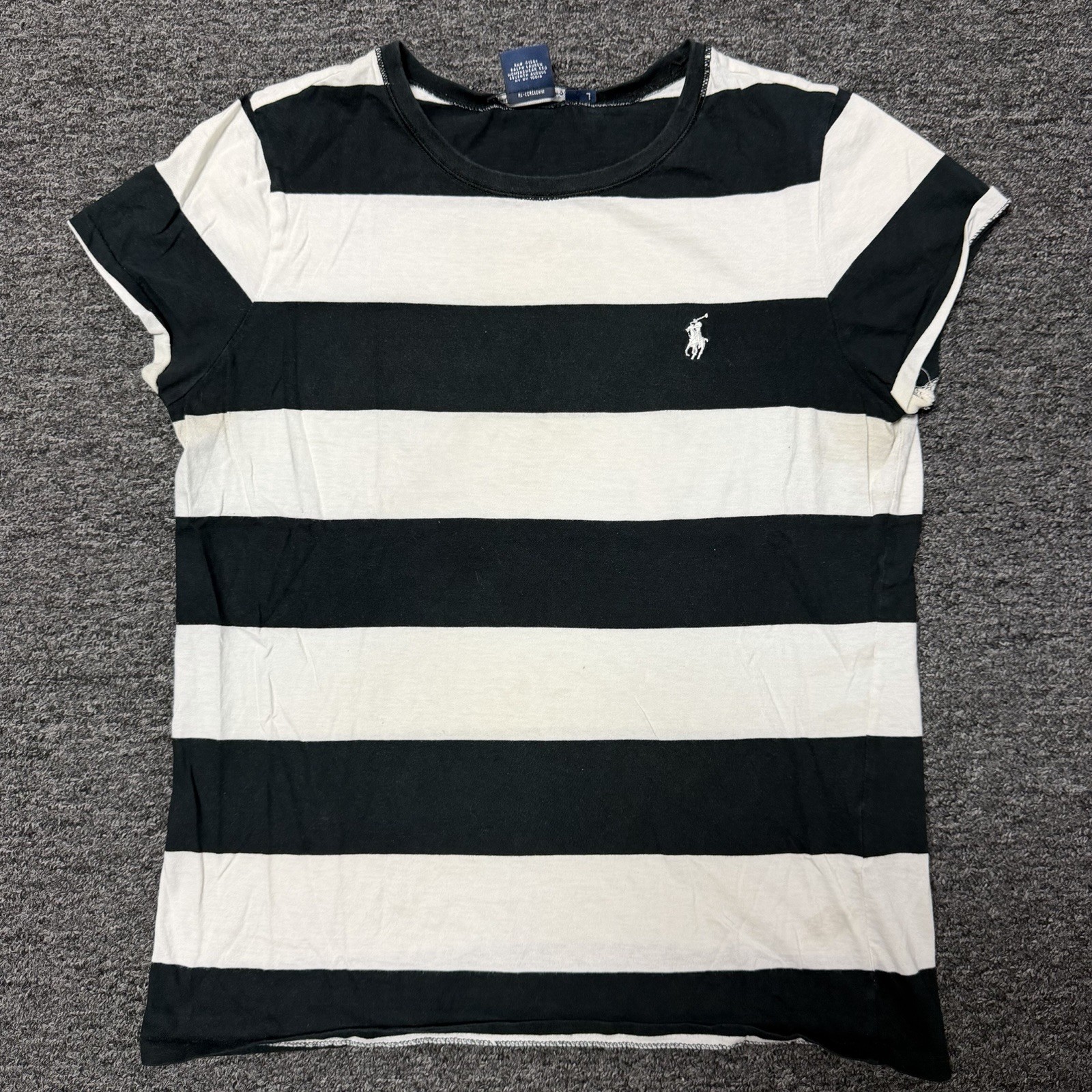Women’s Y2K Ralph Lauren Sport Striped Black & White Pony Logo T-Shirt Top Sz L