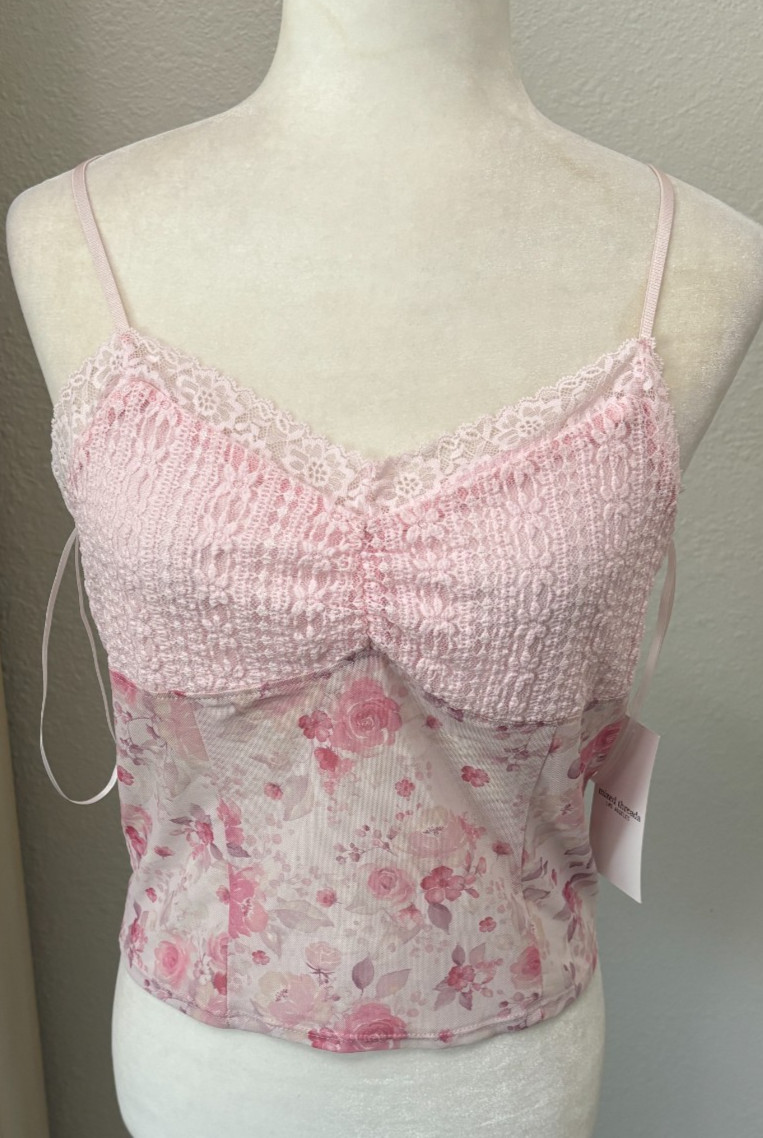 NWT Sz L Pink Floral MIXED THREADS Stretch Mesh TOP Cami Spaghetti Strap RUCHED