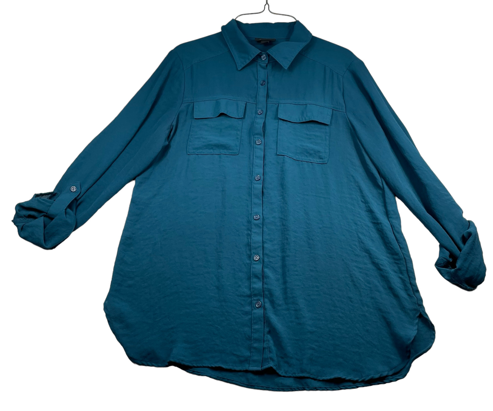 A New Approach Dress Shirt Womens Small Blue Long Sleeve Button Down Roll Tab
