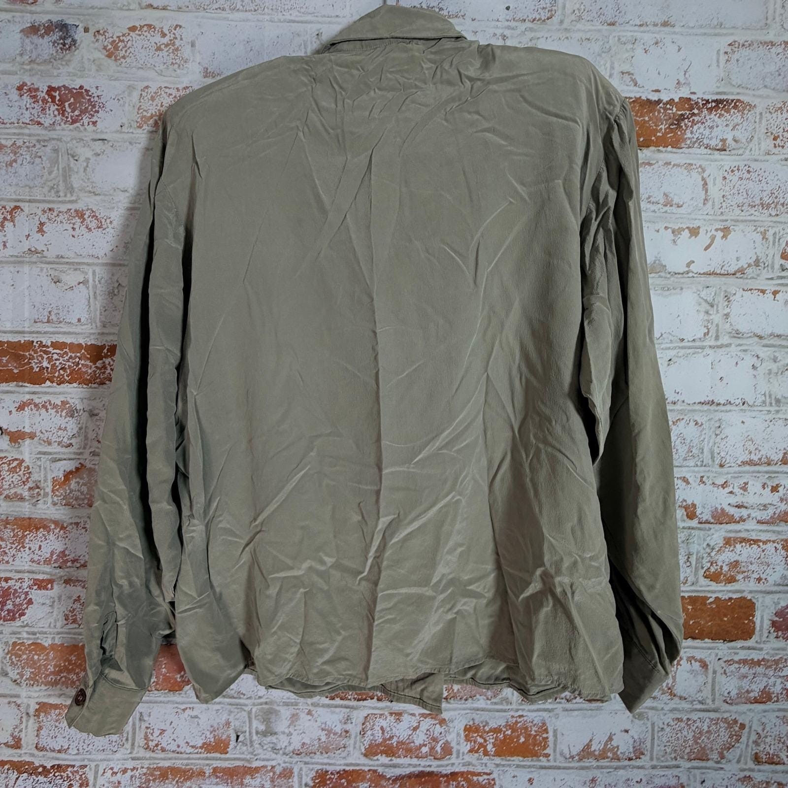 Silk Dragon Button Down Blouse Womens XL Sage Green Silk Long Sleeve Vintage