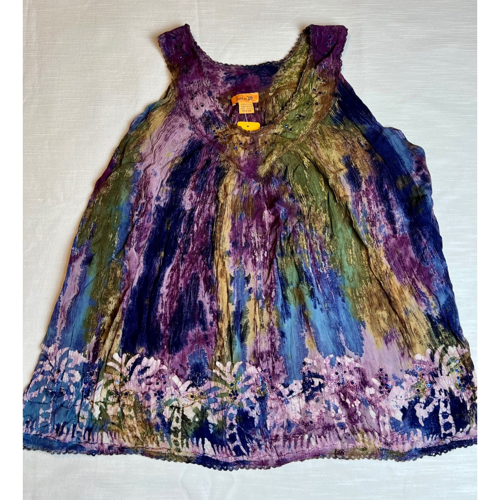 Sakkas Women Tie Dye Beaded Crinkle Cotton Sleeveless Top Purple Green Free Size