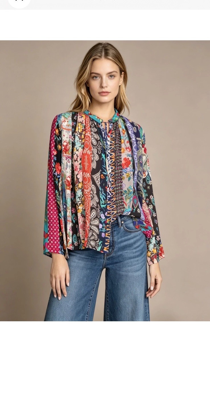 Johnny Was multicolor patterned treble Sofia button up L Silk Button Long Sleeve